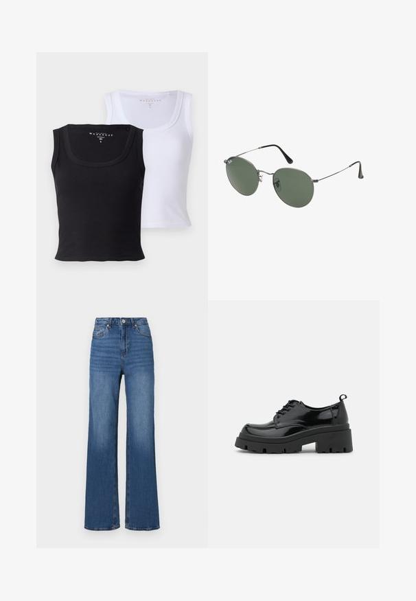 Due top in cotone, uno nero e uno bianco. Entrambi presentano una texture a coste, scollature ampie e una forma aderente.; Jeans blu a vita alta e gamba ampia, realizzati in denim, con un classico design a cinque tasche e un leggero sbiadimento lungo le gambe.; Scarpe in pelle verniciata nera con una suola piattaformata chunky e lacci spessi. Punta arrotondata, dettagli minimi e un piccolo tassello sul tallone sul retro.; Occhiali da sole con montatura in metallo e lenti verdi ovali. Montatura sottile in metallo argento e terminali neri. Design minimalista, senza loghi visibili.