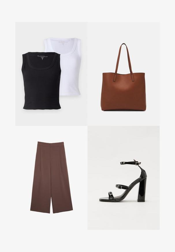 Due top in cotone, uno nero e uno bianco. Entrambi presentano una texture a coste, scollature ampie e una forma aderente.; Pantaloni ampi marroni con una texture liscia, caratterizzati da una vita alta e pieghe frontali. Il tessuto è leggero e scorre liberamente.; Sandali con tacco in vernice nera, con punta squadrata, cinturini alla caviglia e fibbie in argento. Presentano un tacco a blocco spesso per maggiore stabilità.; Borsa tote in pelle marrone con texture liscia, design con apertura superiore e due spallacci. Presenta cuciture minime e nessun hardware visibile.