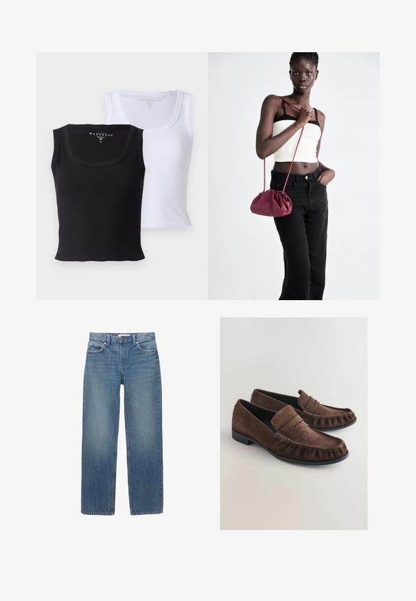 Kaksi puuvillapaitaa, yksi musta ja yksi valkoinen. Molemmissa on ribattu pinta, leveä kaula-aukko ja vartalonmyötäinen malli.; Vaaleansiniset farkut suoran leikkauksen, viiden taskun ja kuparinväristen yksityiskohtien kanssa. Kankaassa on hieman haalistumista ja sileä pinta.; Ruske mokasiner i nubuck kožas, mekane na dodir, s ručno šivenim detaljima u stilu mokasina i zaobljenim vrhom. Crna gumena potpetica i preklopni kožni detalj.; Burgundi pehmeast kangast käekott, millel on kortsuline disain ja pikk rihm, kantud üle rinna. Modell kannab valget lühikest toppi ja musti teksaseid.