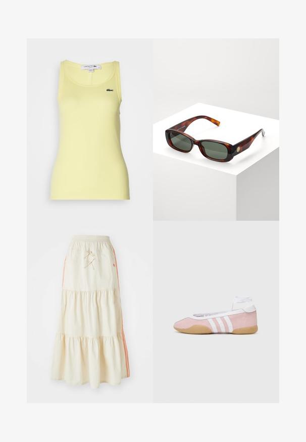 Żółty prążkowany top na ramiączkach z okrągłym dekoltem i dopasowanym krojem. Posiada małe wyszywane logo Lacoste po lewej stronie.; Kremowa, warstwowa midi spódnica z elastyczną talią i sznurkiem. Posiada pomarańczowe paski po bokach oraz miękką, gładką teksturę bawełny.; adidas Originals TAEKWONDO MEI różowy; Słoneczne okulary w kształcie prostokąta w kolorze żółwia z zielonymi soczewkami. Szeroka oprawka, gładkie wykończenie, złoty akcent po boku i smukłe zauszniki.
