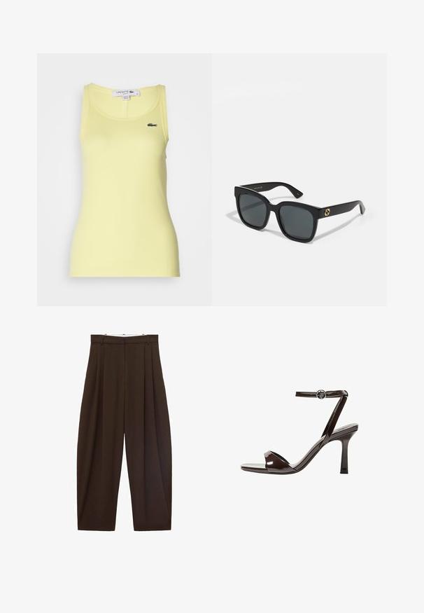 Yellow ribbed tank top with a round neckline and slim fit. Features a small embroidered Lacoste logo on the left side.; Brown high-waisted trousers with pleats, made of smooth fabric. Loose fit, straight leg design, featuring belt loops and a zip fly.; Brown patent leather high-heeled sandal with an ankle strap, open toe, and a sleek, minimalist design. Features a square heel.; Black sunglasses with rectangular lenses, featuring a glossy finish and gold logo accents on the temples. Dark grey lenses provide UV protection.; White handbag with a smooth, glossy surface, curved shape, and a single adjustable strap. Features a logo embossed on the front.