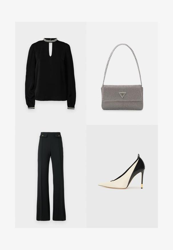 Fekete, hosszú ujjú blúz magas nyakkivágással, kerek nyílással, díszes mandzsettával és sima textúrával. Dekoratív gallérral kiemelve.; Magas derékú, fekete, bővülő nadrág, elülső varrás részletekkel és két aranygombos, hajtókás zsebbel a deréknál.; Feketepatentes és krémszínű bőrrel készült hegyes orrú magassarkú cipő. Arany színű, díszített sarokkal és letisztult formával rendelkezik.; Világosszürke fémes kézitáska lánc pánttal, kis kör alakú fém kifinomult díszítéssel és háromszög alakú márkagéppel.
