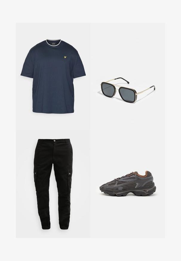 Lyle & Scott PLUS TIPPED - Tricou basic - dark navy/chalk; Pantaloni cargo negri, confecționați dintr-un material rezistent, cu buzunare laterale, închidere cu nasture și un design slim fit. Textură fină, cu detalii minime.; Adidași Lacoste de culoare gri închis, din material mesh și sintetic, cu o talpă texturată și accente maronii pe guler și branding.; Ochelari de soare negri și aurii cu formă pătrată, cadru metalic, lentile gri închise și vârful tentelor negre. Prezintă un design cu pod dublu.