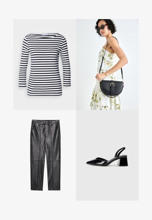Granatowa i biała, paskowana bluzka z długim rękawem, z szerokim dekoltem oraz miękkim, elastycznym materiałem. Charakteryzuje się równomiernymi poziomymi paskami na całej powierzchni.; Czarne skórzane spodnie o gładkiej fakturze, z prostym krojem, dwoma przednimi kieszeniami i widocznymi szwami.; Czarne lakierowane półbuty na obcasie z wydłużonym noskiem i geometrycznym słupkiem. Charakteryzują się eleganckim, minimalistycznym designem oraz gładką fakturą.; Czarna skórzana torebka o zakrzywionym kształcie, z odpinanym paskiem i złotymi akcentami. Torebka posiada klapę z zapięciem w kształcie klamry.