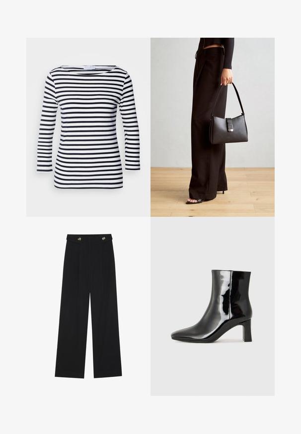 Langarmshirt mit navy- und weißen Streifen, weitem Ausschnitt und weichem, dehnbarem Stoff. Verfügt über gleichmäßige horizontale Streifen.; Schwarze weite Hosen mit hoher Taille, Knopfdetails am Bund und vorderen Falten.; Schwarzer Lackleder-Stiefelette mit spitzer Zehe und einem mittelhohen Blockabsatz. Glatte Textur und minimalistisches Design.; Schwarze Handtasche mit strukturierter Form, glatter Textur und einem metallischen Verschluss. Kombiniert mit weiten schwarzen Hosen und offenen Sandalen auf einem Holzboden.