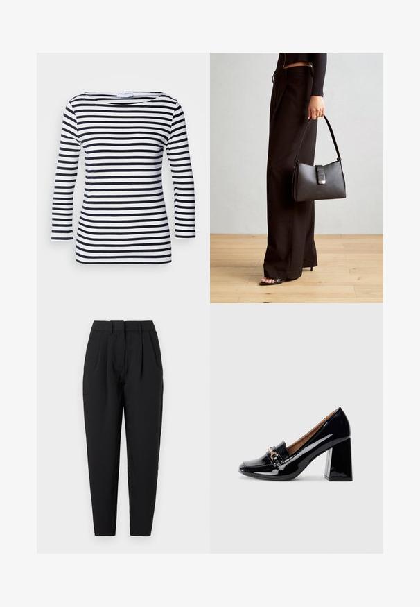 Námořnická modrá a bílá pruhovaná dlouhá halenka s širokým výstřihem a měkkou, elastickou tkaninou. Obsahuje rovnoměrné horizontální pruhy po celé délce.; Černé kalhoty s rovný fit, které mají záhyby v přední části, hladkou texturu a postranní kapsy. Pas je standardní výšky.; Černý lakovaný kožený dámský vysoký podpatek s špičatou špičkou a blokovým podpatkem. Obsahuje dekorativní pásek a detail s přezkou na nártu.; Černá kabelka se strukturovaným tvarem, hladkým povrchem a kovovým uzávěrem. Kombinována s širokými černými kalhotami a sandály s otevřenou špičkou na dřevěné podlaze.