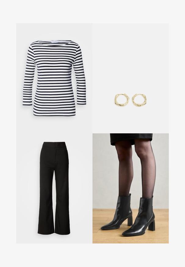 Tume sinine ja valge triibuline pika varrukaga topp, millel on lai kaelus ja pehme, elastne kangas. Omab ühtlasi horisontaalseid triibusid üle kogu pinnale.; Mustad laiad püksid sujuva tekstuuriga, kõrge vöökoht ja puhas disain. Ei ole nähtavaid taskuid ega dekoreerimist.; Mustad mustad jalanõud terava ninaga, paksu ruudukujulise kontsaga ja saleda disainiga. Omavad elastseid külgpaneele mugavaks selga tõmbamiseks.; Kuldsete rõngaskõrvarõngaste tekstuuriga, ebakorrapärane kuju. Omab sujuvat lukustust ja poleeritud pinnatöötlust, rõhutades kaasaegset disaini.