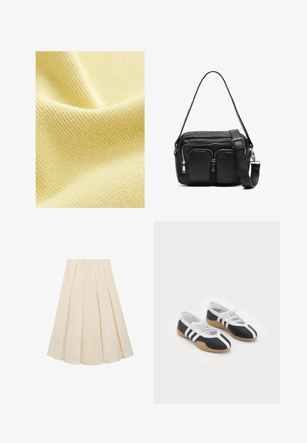 Tekstuirana žuta tkanina s finim rebrastim uzorkom, glatka površina i mekani, lagani izgled. Idealna za odjeću ili tapeciranje.; Bjela majica dugih rukava s crnim grafičkim tekstom i apstraktnim uzorcima. Džersi tekstura, okrugli izrez i prilagođeni dizajn. U paru s trapericama.; Suknja s nabranim detaljima od kremaste tkanine; ima mekanu teksturu, srednju dužinu i simetrične nabore koji se protežu od pojasne do donjeg ruba.; Crne i bijele atletske cipele sa elegantnim dizajnom, gumeni potplat, vezanje i tri bijele pruge sa strane.; Crna kožna torba preko tijela s dva prednja džepa na zip, strukturiranim oblikom, podesivim remenom i teksturiranom površinom.