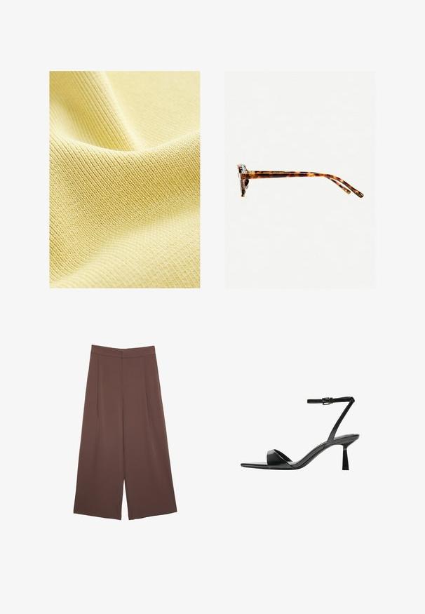 Tissu jaune texturé avec un motif fin à côtes, surface lisse et apparence douce et légère. Idéal pour les vêtements ou les revêtements.; Pantalons larges marron avec une texture lisse, dotés d'une taille haute et de plis à l'avant. Le tissu est léger et tombe de manière fluide.; Bershka Sandales à talons hauts - black; Lunettes de soleil écaille de tortue avec une monture épaisse, des branches légèrement courbées et une texture lisse. Présente un design classique avec une finition brillante.