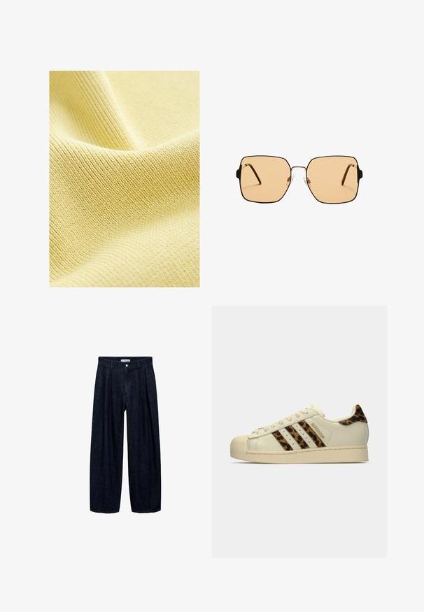 Texturerad gul tyg med ett fint ribbat mönster, slät yta och en mjuk, lätt utseende. Idealisk för kläder eller möbelklädsel.; Mörk denim vida byxor med veck vid midjan, med en framknapp och bältesögglor. Slät textur och helängdsdesign.; Off-white Adidas Superstar-sneaker med leopardmönstrade ränder och hälflik, beige gummikappa vid tån och "SUPERSTAR"-text på sidan.; Fyrkantiga solglasögon med bruna linser och en tunn svart metallram. Har vinklade skalmar och justerbara näsdelar för ökad komfort.; Brun läder tote-väska med en slät textur, öppen toppdesign och två axelremmar. Har minimal söm och ingen synlig metalldetalj.