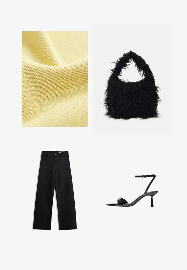 Tissu jaune texturé avec un motif fin à côtes, surface lisse et apparence douce et légère. Idéal pour les vêtements ou les revêtements.; Pantalon en denim noir à jambes larges avec une taille haute, comprenant des poches avant et arrière, des coutures piquées et une fermeture à bouton. Texture lisse.; Bershka Sandales à talons hauts - black; Even&Odd Cabas - black