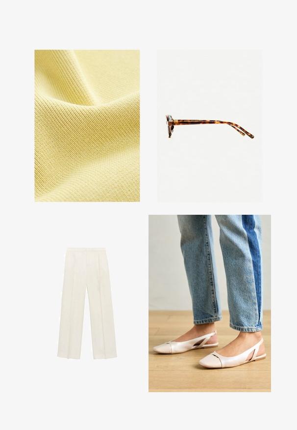 Geweven gele stof met een fijn ribbelpatroon, een gladde oppervlakte en een zachte, lichte uitstraling. Ideaal voor kleding of bekleding.; Wijdgevallen broeken in een lichtcrème kleur. Gemaakt van een zachte stof met plooien aan de voorkant en zijzakken.; Zachtroze slingback ballerina's met een spitse neus, gemaakt van een glad leerachtig materiaal. Bevat uitsnijdingen aan de zijkanten en heeft een platte hak.; schildpadbril met een dikke rand, licht gebogen scharnieren en een soepele textuur. Beschikt over een klassiek ontwerp met een glanzende afwerking.