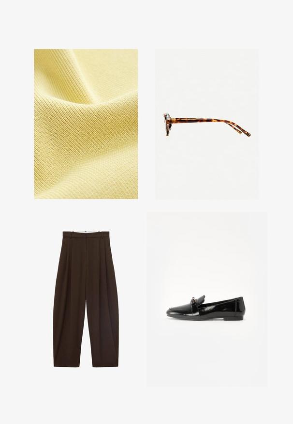 Kuitu keltainen kangas, jossa on hieno urituskuvio, sileä pinta ja pehmeä, kevyt ulkonäkö. Ihanteellinen vaatteisiin tai verhoiluun.; Ruskeat korkeavyötäröiset housut, joissa on laskokset, valmistettu sileästä kankaasta. Rentoa istuvuutta, suora lahjemuoto, varustettu vyölenkeillä ja vetskarilla.; Mustat kiiltonahka loafarit, joissa on tasapohja, pyöristetty kärki ja koristeellinen nauha kultasävyisellä yksityiskohdalla. Sujuva, kiiltävä pinta.; Kivimäisd värvi päikeseprillid paksu raamiga, kergelt kõverate templitega ja siledast tekstuurist. Omab klassikalist disaini läikiva viimistlusega.