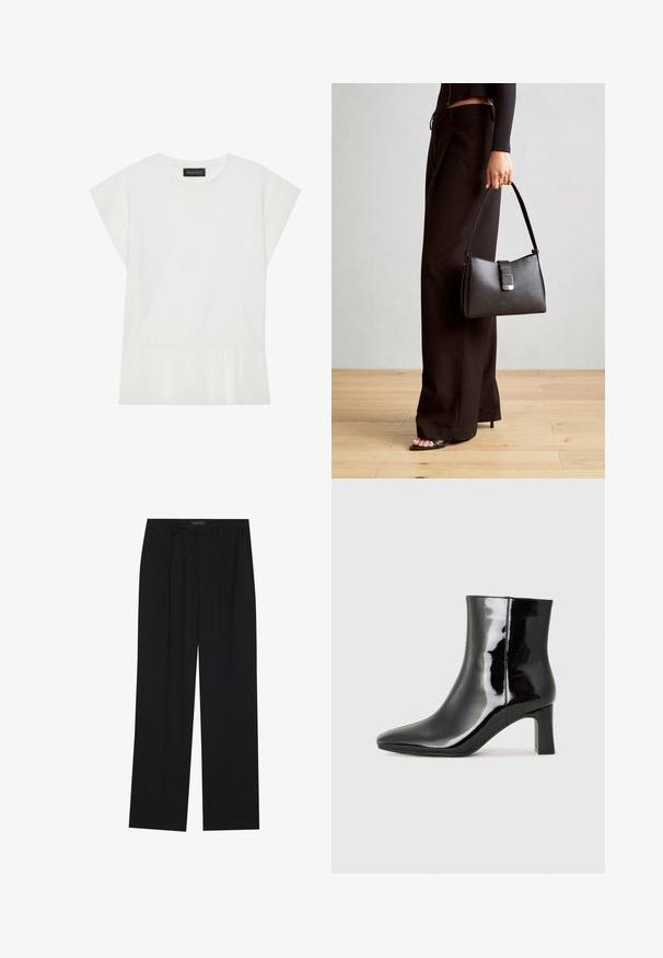 Hvid kortærmet top med plisseret kant, rund halsudskæring og let strukturerede ærmer. Fremstillet af blødt stof for komfort.; Sorte bukser med en lige ben-design, der har to forlommer og en talje. Lavet af et glat, let stof.; Sort lakeret ankelstøvle med spids tå og en midt-højde blokhæl. Glat tekstur og minimalistisk design.; Sort håndtaske med struktureret form, glat overflade og metalspænde. Sammen med brede sorte bukser og sandaler med åben tå på trægulv.