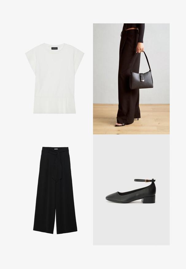 Valkoinen lyhythihainen paita, jossa on laskostettu helma, pyöreä kaulus ja hieman muotoillut hihat. Valmistettu pehmeästä kankaasta mukavuutta varten.; Mustat leveät housut, joissa on teksturoitu kangas, joustava vyötärö ja irrotettava nauha vyötäröllä säädettävää istuvuutta varten.; Mustat nahkakengät, joissa on terävä kärki ja matala lohkare korko. Varustettu nilkkahihnalla, jossa on kultasävyinen solki. Lisää sileä pinta.; Musta käsilaukku, jossa on rakenteellinen muoto, sileä pinta ja metallinen solki. Yhdistetty leveisiin mustiin housuihin ja avonaiheisiin sandaaleihin puulattialla.