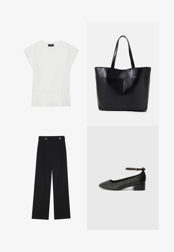 Hvid kortærmet top med plisseret kant, rund halsudskæring og let strukturerede ærmer. Fremstillet af blødt stof for komfort.; Sorte vide bukser med høj talje, knapdetaljer på taljebåndet og frontfald.; Sorte læderpumper med spids tå og en lav blokhæl. Har en ankelrem med en guldfarvet spænde. Glat tekstur.; Sort læder tote taske med to lange håndtag, en glat tekstur og en struktureret form. Har en forlommem for ekstra opbevaring.
