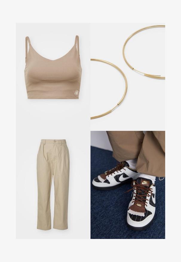 New Balance HARMONY LIGHT SUPPORT - Topp - mushroom; Bežid püksid, mis on valmistatud puuvillast, omades lõdva istuvust, ees plekke, ühe nööbi sulgemist ja sirgeid jalgu koos õmblustega servades.; Nike tossud, millel on valged, mustad ja pruunid materjalid. Omab tekstuurset pruuni klappi, triibulist disaini ning traditsioonilist paelavõttu kuldsete aktsentidega.; Kulla värvi nõelad, õhukesed ja ümmargused, millel on sile metallist pind ja ilma kaunistuste või mustriteta.