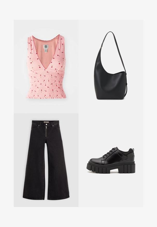 Top sem mangas em rosa com decote em V, apresentando detalhes franzidos e um padrão floral. Pequenas flores vermelhas estão espalhadas sobre um fundo com bolinhas.; Calças de ganga de perna larga em denim preto com fecho éclair à frente, design de cinco bolsos e detalhes de costura subtil. Textura suave e estilo casual.; Sapatos de plataforma em couro preto com um salto bloco robusto, bico redondo e design clássico de atacadores. Apresentam uma textura suave e detalhes mínimos.; Saco hobo preto em pele com uma textura lisa, forma curva e uma única alça ajustável; apresenta uma abertura larga na parte de cima.