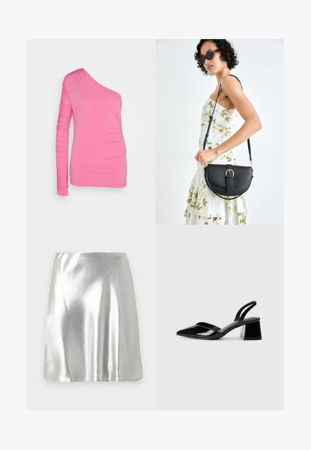 Een one-shoulder roze top gemaakt van rekbaar materiaal. Heeft een geplooid detail op de lange mouw en de zijkant voor een aansluitende silhouet.; Zilverkleurige metallic minirok met een gladde textuur en een lichte glans. Voorzien van een uitlopende pasvorm en een eenvoudige, nette zoom.; Zwarte gepatineerde leren slingback hakken met een spitse neus en een geometrische blokhak. Kenmerkt zich door een slank, minimalistisch ontwerp en een gladde textuur.; Zwarte leren handtas met een gebogen vorm, afneembare schouderband en gouden hardware. De tas heeft een klep met een gespsluiting.