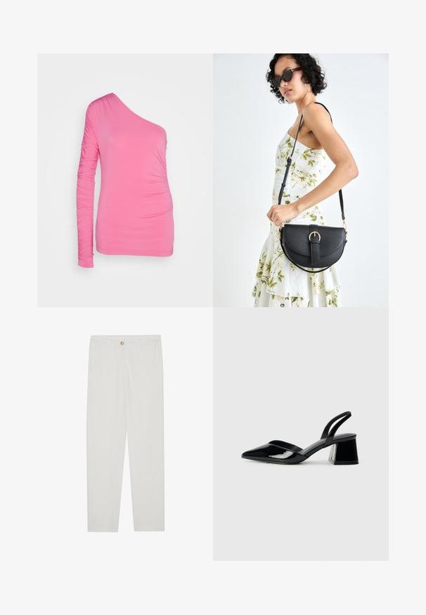 Ružova majica na jedno rame izdelana iz raztegljivega materiala. Ima gubarjene detajle na dolgih rokavih in ob strani za obliko prileganja.; Bela, krojena hlače z ravnimi nogami, ki vključujejo gumbasto zapiranje, zanke za pas in stranske žepe; gladka tekstura tkanine.; Črne lakirane slingback pete s koničastim nosom in geometrijsko blokasto peto. Imajo eleganten, minimalističen dizajn in gladko teksturo.; Črna usnjena torbica s ukrivljeno obliko, z odstranljivo naramnico in zlatimi dodatki. Torbica ima pokrov s podrobnostmi v obliki zaponke.