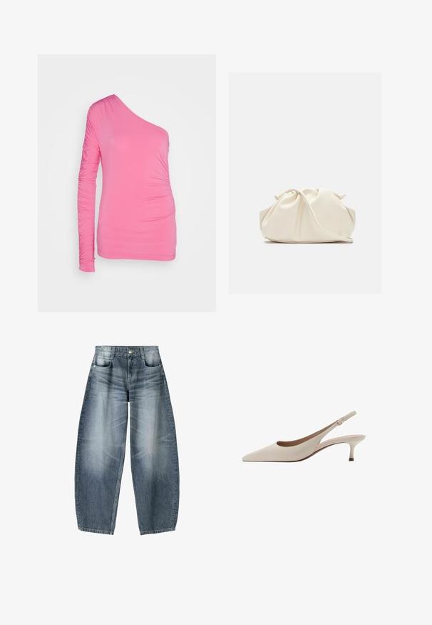 Top roz cu un singur umăr, realizat din material elastic. Prezintă detalii pliate pe mânecă lungă și pe lateral pentru o siluetă ajustată.; Blugi evazați din denim albastru deschis cu estompare, având un design cu cinci buzunare, închidere cu nasturi și detalii de coasere minime.; Tocuri bej cu toc înclinare, cu vârf ascuțit și un toc jos, evazat. Fabricate din piele netedă, cu un design minimalist și curea ajustabilă.; Geantă din faux leather de culoare crem, moale, cu un design pliat, bretele ajustabile și un închizător discret cu șnur. Textură netedă și formă rotunjită.