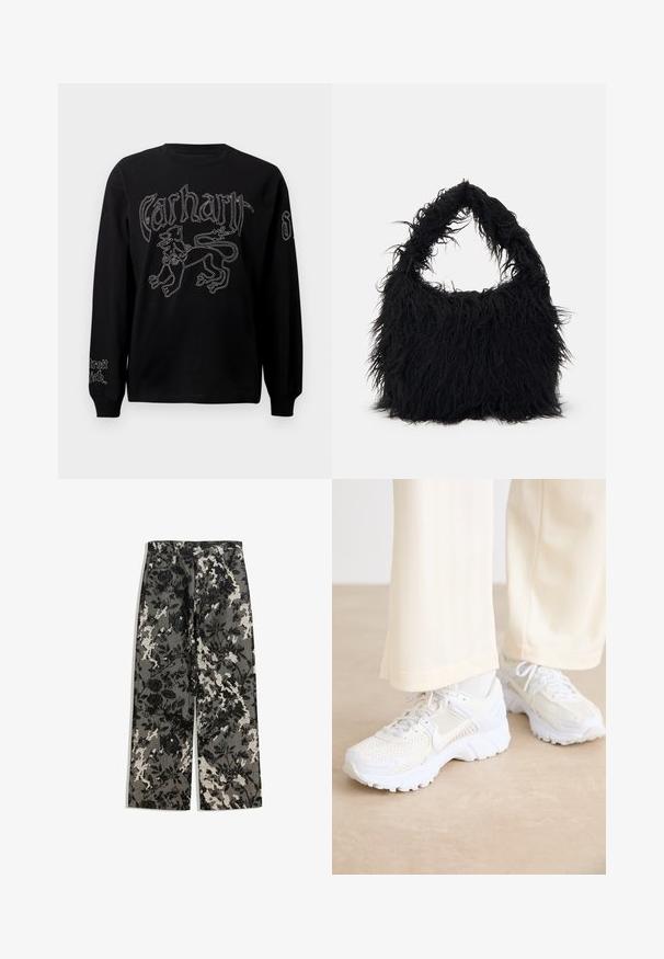 Black long-sleeve shirt featuring white embroidery of a lion and text, with a round neckline and ribbed cuffs.; Mid-rise wide-leg pants in a textured black and white floral pattern on a gray background, featuring a classic waistband and front pockets.; White athletic shoes with a mesh design, textured surfaces, and supportive soles. Laces and subtle branding detail on the side.; Even&Odd Tote bag - black