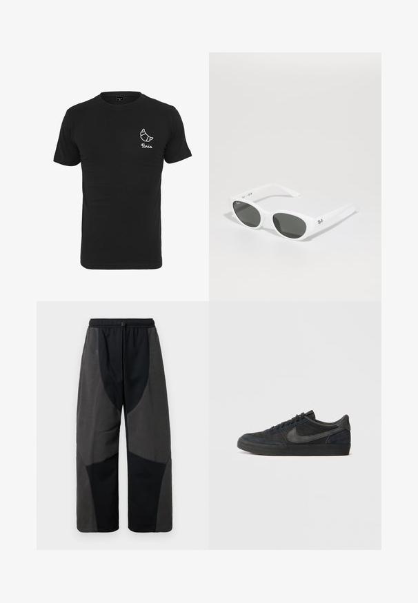 Melna kokvilnas T-kreklā ar apaļu kakla izgriezumu, īsām piedurknēm un baltu grafiku ar kruasānu, zem kura ir teksts "Parīze".; Melnas bikses ar fleeces akcentiem un brīvu piegriezumu, ar kontrastējošām tumši pelēkām auduma paneļiem un regulējamu aukliņu viduklī.; Melnas zamša sporta kurpes ar zemu profilu, gumijas zoli, teksturētām sānu paneļiem un toņos saderīgu Nike swoosh logo. Ar auklēm, ar mīkstu apkakli.; Baltas saulesbrilles ar noapaļotām rāmēm un tumšiem lēcām. Iezīmējas ar gludu plastmasas tekstūru un mazu logotipu uz kārbiņas.