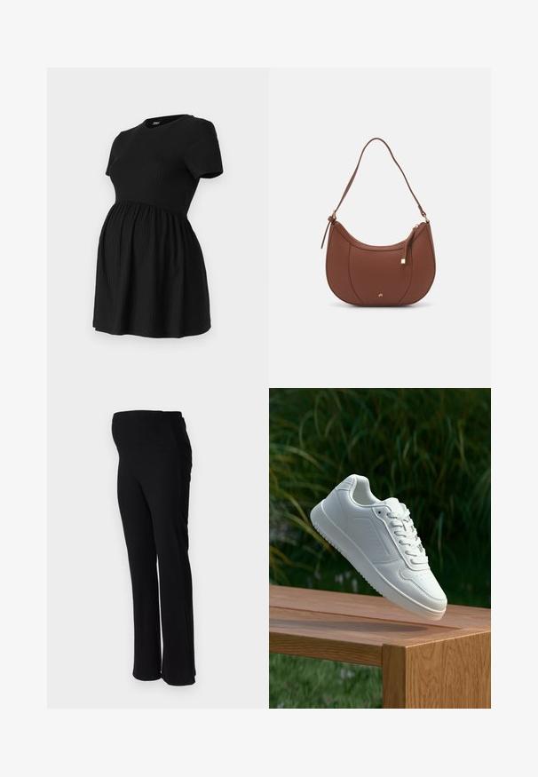ONLY MATERNITY OLMMALAYA - Basic T-shirt - black; ONLY MATERNITY OLMHALLE - Trousers - black; White sneaker with a smooth synthetic upper, perforated toe box, flat laces, and a textured sole, displayed on a wooden surface.; Brown faux leather shoulder bag with curved shape, minimal stitching, and a gold-tone hardware accent. Features a top zipper closure and adjustable strap.