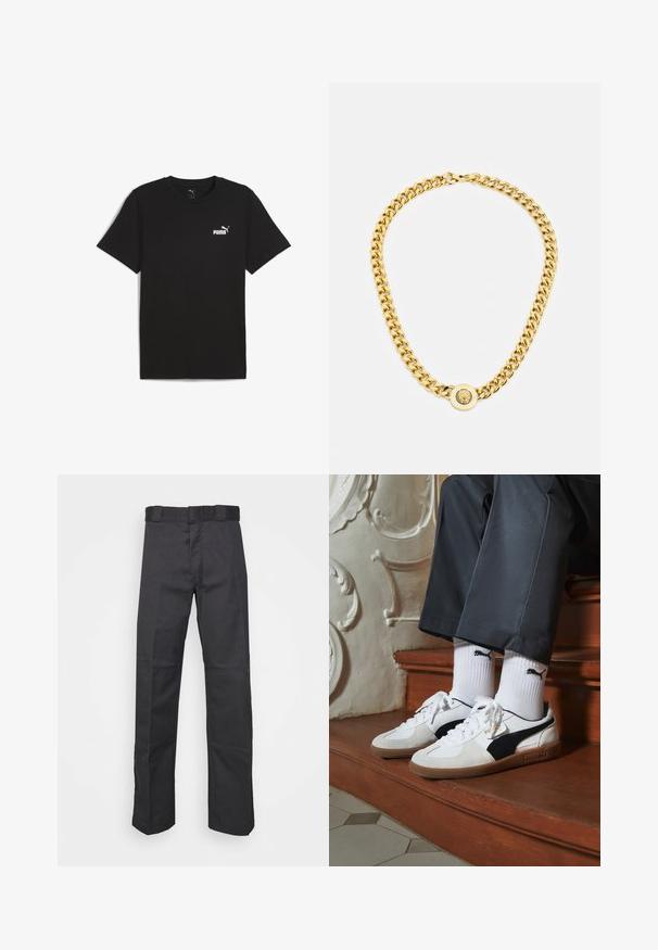 Mustan puuvillan t-paita, jossa on lyhyet hihat ja pyöreä kaula-aukko. Ylävasemmassa rintamuksessa on pieni valkoinen Puma-logo.; Mustat pantsit kestävästä kankaasta, suoran lahkeen muotoilu, vyötärönauha, jossa on vyölenkit, ja saumat lisätekstuuria varten.; Puma-tenniset valkoisesta ja mustasta mokasta, joissa on ruskea kumipohja. Yhdistetty valkoisten sukkien kanssa, joissa on musta logo, tummien housujen kanssa.; Kultaketju, jossa on suuret toisiinsa kytkeytyvät lenkit, keskellä on pyöreä pendantin yksityiskohta, jossa on kohotettu emblem.