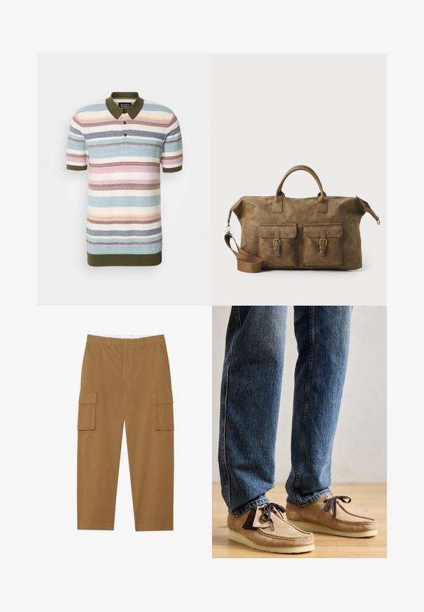 Scotch & Soda STRUCTURE - Pólóing - multi-coloured; Barna cargo nadrág, két oldalsó zsebbel, sima elülső résszel és egyenes szabással. Tartós anyagból készült, sima textúrával.; Barna árnyalatú velúr mokaszin sötétbarna díszítéssel, lekerekített orral és puha fehér talppal. Fűzős dizájn és varrt részletek jellemzik.; Barna bőr utazótáska, két elülső zsebbe, állítható vállpánttal, arany színű részletekkel és masszív felső fogantyúkkal. Sima felület.