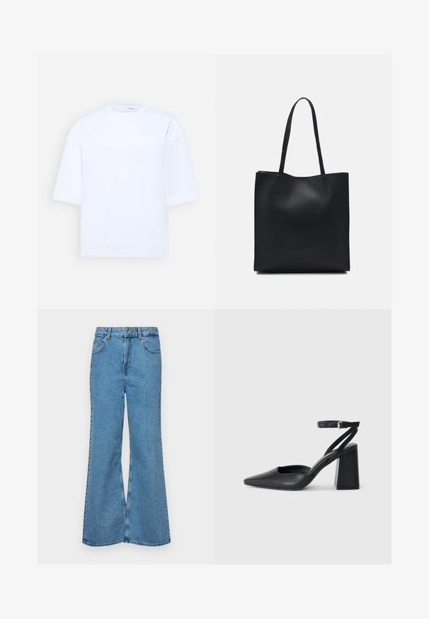 Selected Femme SLFANOUK OVERSIZED TEE - Osnovna majica kratkih rukava - bright white; Svijetloplave traperice s flared nogavicama, visokog struka, s pet džepova i jednim dugmetom za zatvaranje. Mekani materijal s izblijedjelim izgledom.; Crne kožne cipele s špicastim vrhom, remenom oko gležnja i debelim potplatom. Ravna tekstura, elegantan dizajn i minimalistička estetika.; Crna kožna torba za nošenje s glatkom teksturom, pravokutnim oblikom i dvije duge ručke. Nema vidljivih metalnih dijelova ili ukrasa.