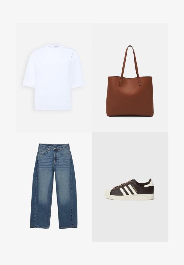 Selected Femme SLFANOUK OVERSIZED TEE - Basic T-shirt - bright white; Wide-leg blue jeans made of denim, featuring a classic five-pocket design, with a faded wash and tonal stitching.; Low-top Adidas Superstar sneaker in dark brown leather with cream shell toe, white stripes, and "Superstar" text on the side.; Brown leather tote bag with a smooth texture, open top design, and two shoulder straps. Features minimal stitching and no visible hardware.