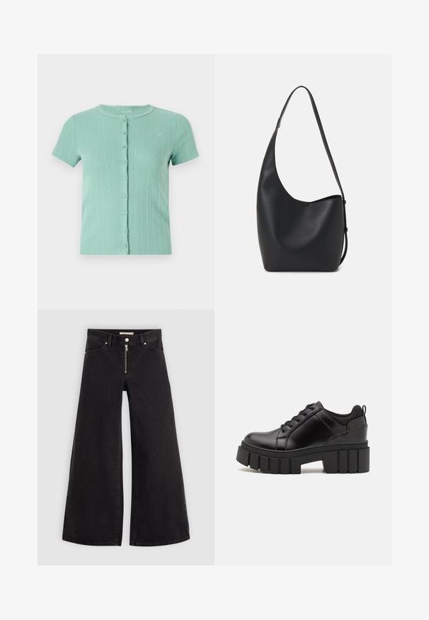Piparmētru zaļš īsām piedurknēm kardigāns ar ribota tekstūra, ar apaļu izgriezumu un pogu aizdari priekšpusē. Smalkas rakstainas detaļas.; Platas kājas džinsi melnā džinsa audumā ar rāvējslēdzēju priekšā, piecu kabatu dizains un smalkas šuvju detaļas. Gluda tekstūra un ikdienišķs stils.; Melnas ādas platformas kurpes ar masīvu bloku papēdi, apaļu purngalu un tradicionālu saistīšanas dizainu. Izceļas ar gludu tekstūru un minimālu apdari.; Melnas ādas hobo soma ar gludu tekstūru, izliekta forma un vienu regulējamu jostu; augšā ir plaša atvere.