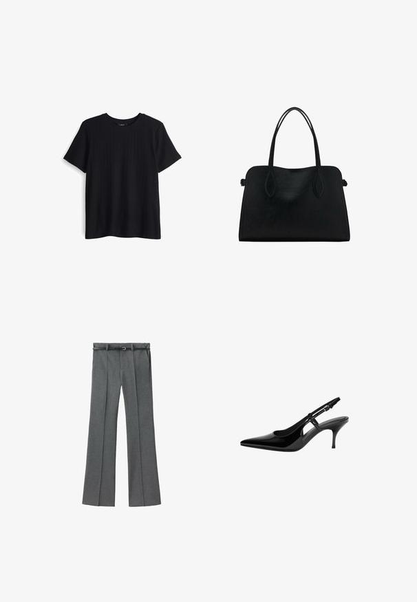 Zwarte T-shirt met korte mouwen van ribstof. Heeft een ronde halslijn en een ontspannen pasvorm met een ingewikkeld textuurdetail.; Grijze op maat gemaakte broek met een recht model, lichtgewicht stof, riemlussen en een smalle riem met een zilveren gesp.; Zwarte gepatenteerde leren slingback pump met puntige neus, open zijuitsparingen, slanke hak en verstelbare enkelband.; Zwarte leren handtas met dubbele schouderriemen, rechthoekige vorm en minimalistisch ontwerp op een witte achtergrond.