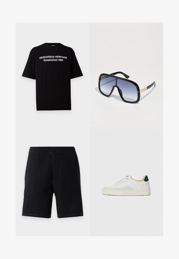 Camiseta negra de manga corta de algodón con cuello redondo, que presenta texto en blanco: "DSQUARED2 HERITAGE Establecido en 1995" en la parte delantera.; Shorts deportivos negros hechos de material suave; cuentan con una cinturilla elástica, dos bolsillos laterales y costuras en contraste.; Zapatilla blanca con acentos de ante, puntera redondeada, cordones planos y suela de goma color crema. Presenta un logo verde en el talón.; Gafas de sol negras de gran tamaño con lentes púrpuras degradados, acabado brillante y detalles dorados en las patillas. Forma de marco rectangular.