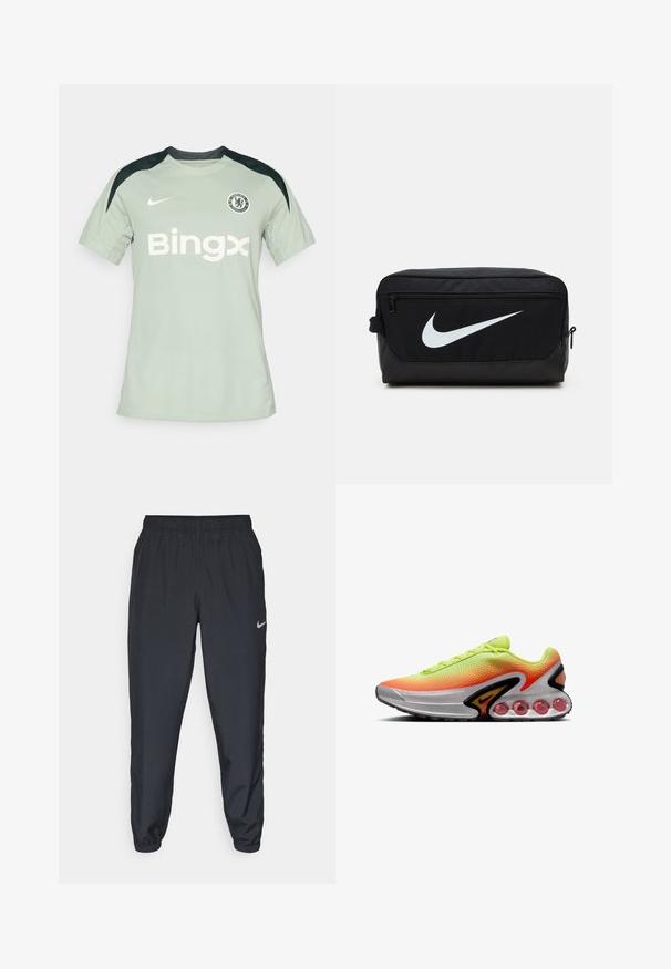 Svetlo zelena Nike nogometna majica s crnim akcentima, kratki rukavi, okrugli izrez, s "Bingx" logotipom i Chelsea FC grbom na prsima.; Črne trenirke iz lahkega materiala z elastičnim pasom, manšetami na gležnjih in diskretnim logotipom Nike na levi strani.; Lime zelena in oranžna tekaška čevlja z mrežnim zgornjim delom, črnimi detajli, vidnimi zračnimi blazinicami v podplatu in strukturiranim profilom podplata.; Črna toaletna torba Nike z gladko teksturo, ki vsebuje belo logotip Swoosh, zgornje zapiranje na zadrgo in stranski žep.