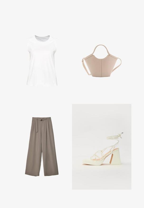 Ärmelloses weißes Baumwoll-Tanktop mit rundem Halsausschnitt. Glatte Textur, gerade geschnitten und mit minimalen Akzenten. Ideal für die Freizeit.; Weite Hose aus einem weichen, gedämpften grauen Stoff, mit einem taillierten Bund und Falten für zusätzliche Design-Details. Glatte Textur, keine Muster.; Weiße High-Heel-Sandale mit einem klobigen Absatz, die über ein Riemchendesign und ein Knöchelband verfügt. Glatte Textur mit einer Plattform vorne für zusätzliche Höhe.; Beige Lederhandtasche mit einer einzigartigen Form, die zwei kurze Henkel und einen langen verstellbaren Riemen aufweist. Glatte Textur mit minimalen Hardware-Elementen.