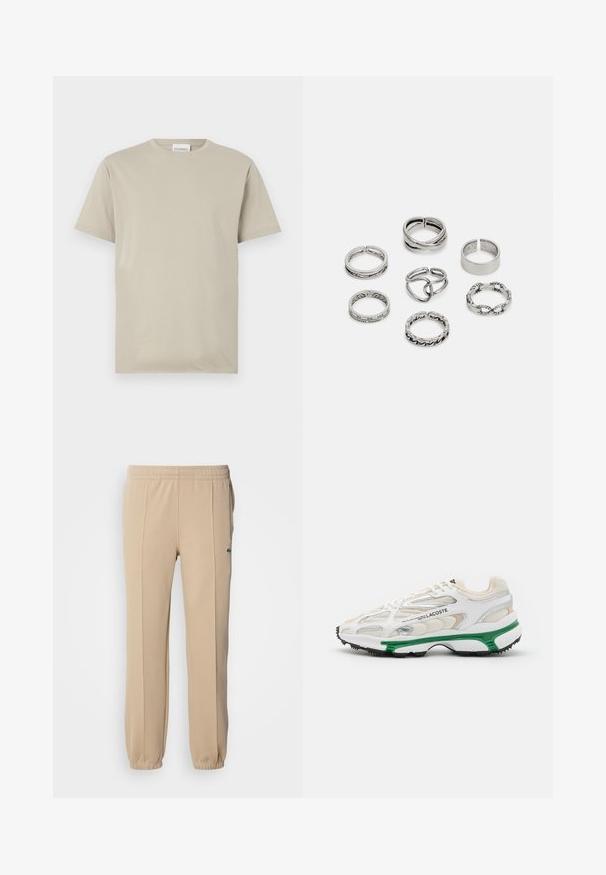 T-shirt de algodão bege, com mangas curtas, decote redondo, cor sólida sem padrões, ajuste relaxado, com uma etiqueta a dizer "CLOSED" na gola.; Lacoste Calças de fato de treino - viennese; Sapatilha branca com detalhes verdes e sola de borracha preta. Apresenta painéis em malha e sintéticos, com um acabamento texturizado e costura visível.; Conjunto de sete anéis de prata com vários designs, incluindo padrões torcidos, entrelaçados e gravados. Diferentes formas e larguras.