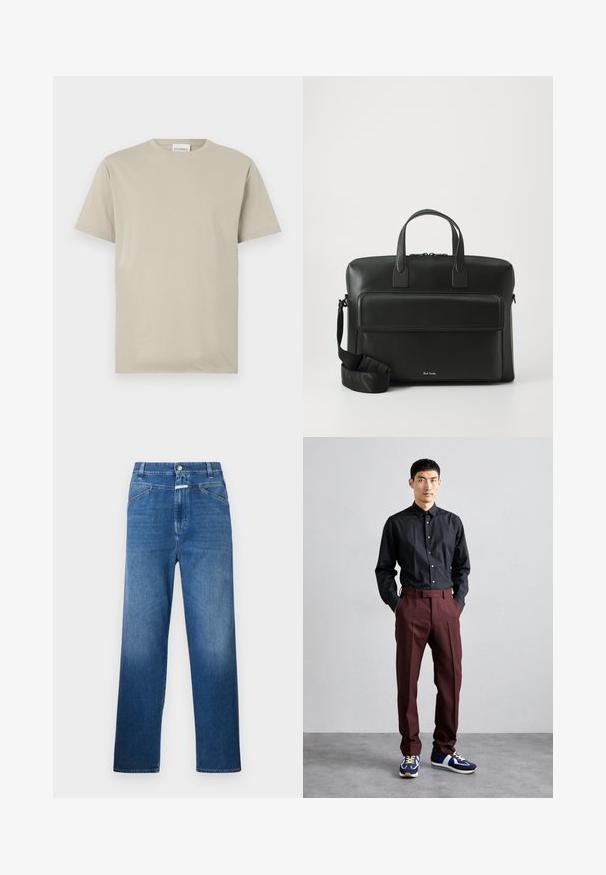 Bež majica iz bombaža, kratki rukavi, okrugli izrez, jednobojna bez uzoraka, ležeran kroj, s etiketom koja glasi "CLOSED" na izrezu.; Modri jeans s ravnim krojem, ki vključujejo gumbasto zapiranje, zanke za pas in subtilno zbledelost na stegnih.; Črna, dolgo rokavno srajco z gumbi v kombinaciji z visokimi, burgundskimi hlačami in modrimi teniskami z zelenimi detajli. Model stoji z rokama v žepih.; Črna usnjena aktovka z dvema zgornjima ročajema, sprednjo žepno in odstranljivim trakom, ki na dnu vsebuje diskretno blagovno oznako.
