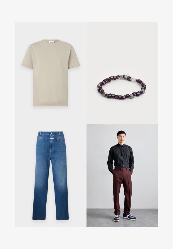 Beige puuvillane t-särk, lühikesed varrukad, ümar kaelus, ühtlane värv ilma mustriteta, lõdva lõikega, kaeluses silt "CLOSED".; Siniset farkut suoralla lahkeella, joissa on nappikiinnitys, vyölenkit ja hillitty haalistuma reidellä.; Mustapaita, jossa on pitkä hiha ja napit, yhdistetty korkeavyötäröisiin viininpunaisiin housuihin ja sinisiin lenkkareihin, joissa on vihreitä yksityiskohtia. Malli seisoo kädet Taskuissa.;  helmuttattu ranteen, joka koostuu laivastonsinisiä, oransseja ja keltaisia raidallisia helmiä metallisilla yksityiskohdilla. Tasaiset ja teksturoidut helmivaihtelut luovat visuaalista mielenkiintoa.