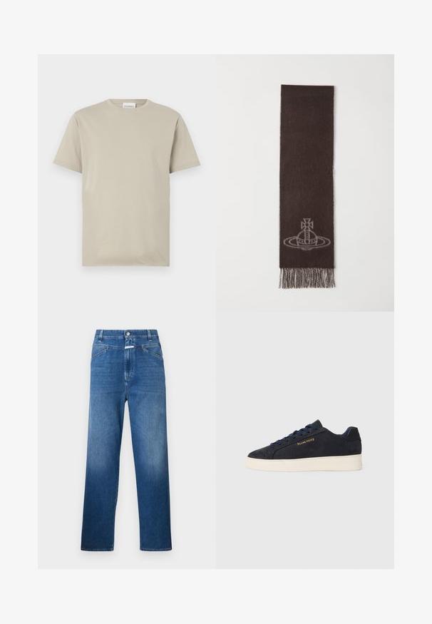 Beige katoenen t-shirt, korte mouwen, ronde hals, effen kleur zonder patronen, relaxed fit, met een label met de tekst "CLOSED" bij de halslijn.; Blauwe denim jeans met een rechte pijp, voorzien van een knoopsluiting, riemlussen en subtiele vervaging op de bovenbenen.; Navyblauwe suède lage sneakers met een witte zool, navy veters en het 'Filling Pieces' logo in goud op de zijkant.; Donkerbruine sjaal van zacht materiaal, met een lichtgrijze grafisch ontwerp en franjes aan de randen. Langgerekt rechthoekige vorm.