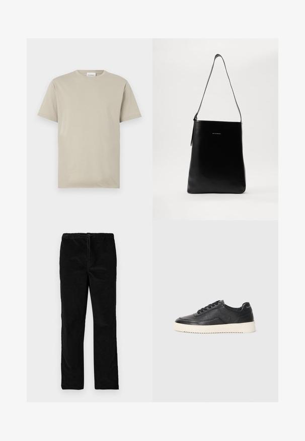 Béžové bavlnené tričko, krátke rukávy, okrúhly výstrih, jednoliata farba bez vzorov, voľný strih, s etiketou „CLOSED“ na výstrihu.; Čierne saténové nohavice s rovnými nohavicami, elastickým pásom a predným šnúrkovým zapínaním, vystavené na bielom pozadí.; Čierne kožené tenisky s textúrovaným povrchom, okrúhlou špičkou a plochou bielou gumovou podrážkou. Obsahujú čierne šnúrky a značku na päte.; Čierna kožená ramenná taška s hladkou textúrou, obdĺžnikovým tvarom a dlhým popruhom; na strede sa nachádza malé biele logo.