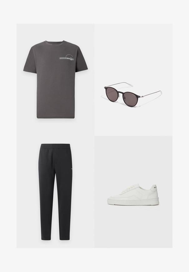 Grå bomulds t-shirt med korte ærmer, rund halsudskæring, et lille trykt design på brystet, som har tekst og en stribet accent.; Sorte joggebukser lavet af blødt stof, med elastisk måle, lige ben og et enkelt lille logo detaljeret på siden.; Hvide lædersneakers med en glat overflade, rund tå, flade snørebånd og en tekstureret sål. Har et diskret logo på hælen.; Sorte runde solbriller med mørke linser og slanke metalarme. Inkluderer klare tempeltips og sølvdetaljer ved hængslet. Minimalistisk design.
