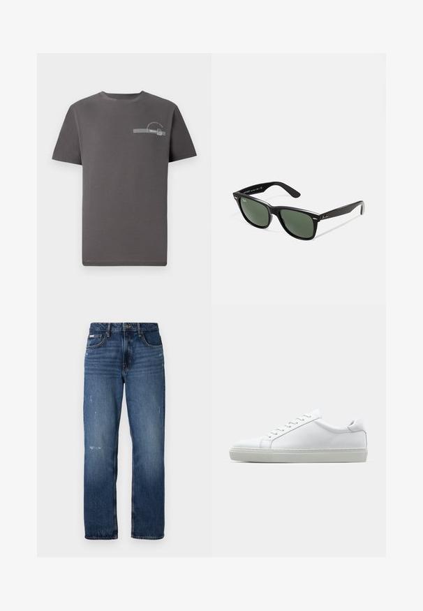 Camiseta de algodón gris con mangas cortas, escote redondo, un pequeño diseño impreso en el pecho, que incluye texto y un acento a rayas.; Jeans de mezclilla azul con diseño de pierna recta. Presentan áreas desgastadas y ligero distress en la parte frontal, con un cierre clásico de botón.; Zapatilla blanca con parte superior de cuero liso y perfil bajo. Presenta una puntera redondeada, seis ojales y una suela de goma texturizada.; Gafas de sol de plástico negro con lentes verdes, montura cuadrada, acento plateado en la ceja y brazos texturizados. Marca indicada en el brazo interno.