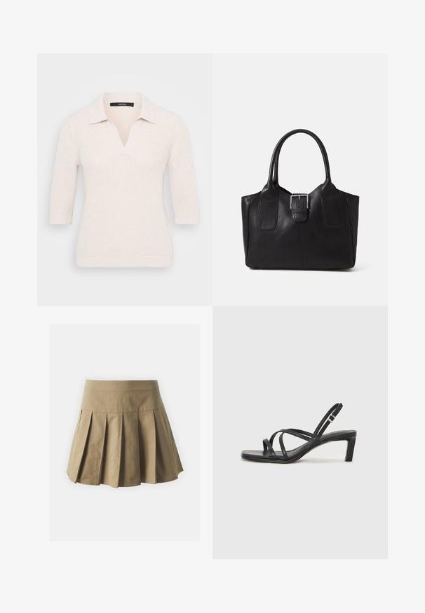 Adīts krēms krekls ar V-veida izgriezumu un īsām piedurknēm, ar teksturētu apdari un klasisku polo jaku. Nedaudz pieguloša piegriezums.; Khaki krēmēta svārki ar pieguļošu jostasvietu, izgatavoti no kokvilnas auduma, ar vienmērīgu tekstūru un izplešamu, īsu dizainu.; Melnas strappy sandales ar kvadrātveida purngaliem un zemu bloku papēdi. Ievērojamas ar vairākiem plāniem siksniņām un regulējamu potītes siksniņu. Izgatavotas no gludas ādas.; Melnas ādas somiņa ar gludu tekstūru, strukturētu formu, divām rokturām un izteiktu sudraba sprādzi priekšpusē.