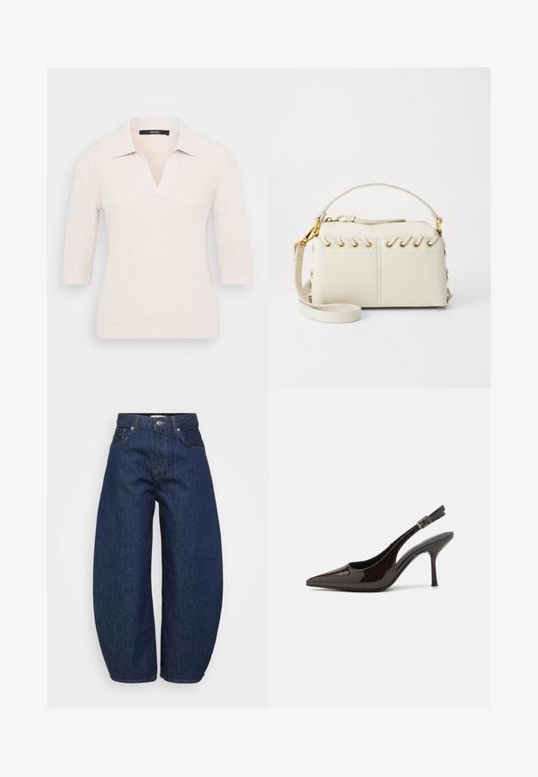 Numegtas kremas megztinis su V formos iškirpte ir trumpomis rankovėmis, pasižymintis tekstūruotu paviršiumi ir klasikinio polo tipo apykakle. Šiek tiek prigludęs dizainas.; Tamsiai mėlynos spalvos džinsai iš džinso audinio, platus, laisvas kirpimas. Yra užtrauktukas priekyje, keturios kišenės ir kontrastingos siūlės palei siūles.; Blizganti tamsiai ruda lakinės odos aukšto kulno bateliai, smailus nosis, atviros šoninės dalys ir reguliuojamas kulkšnies dirželis.; Balta dirbtinės odos rankinė su viršutiniu užtrauktuku, trumpa rankena ir nuimamu per petį nešančiu diržu su auksinės spalvos furnitūra. Šoniniai raišteliai.; Sidabrinė lankinė auskarai su poliruotu paviršiumi, turintys mažus auksinius akcentus ir apvalią formą, dėvimi ant ausies kaušelio.