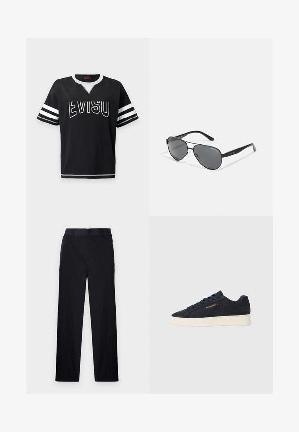Evisu FRONT AND BACK PANELING AND CONTRAST STITCH - Triko s potiskem - black; Černé kalhoty s lehkým, strukturovaným materiálem, rovnými nohavicemi, elastickým pasem a postranními zipovými kapsami.; Námornická modrá semišová nízká obuv s bílou podrážkou, námořnickými tkaničkami a zlatým logem "Filling Pieces" na boku.; Černé pilotní sluneční brýle s tmavými skly, tenkým kovovým rámem a štíhlými plastovými stranami s akcenty loga.