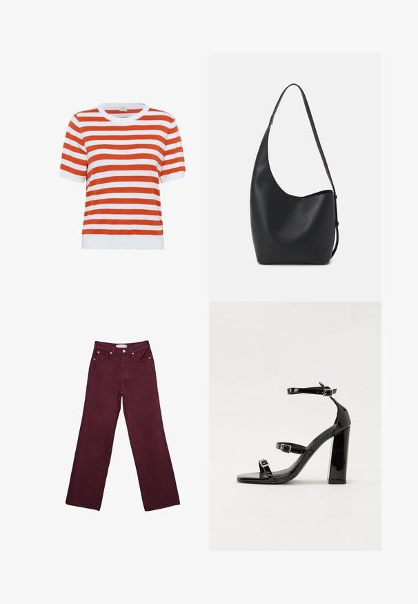 Gestreiftes Kurzarmstrickoberteil in Orange und Weiß; runder Ausschnitt; weicher Stoff; gerader Schnitt; mit einem festen weißen Rippenbund abgeschlossen.; Burgunderfarbene hochtaillierte Jeans mit geradem Bein-Design, ausgestattet mit vorderen Taschen, einem Knopfverschluss und metallischen Akzenten in Kupferfarbe.; Schwarze patentierte Sandalen mit Absatz, quadratischer Spitze, Knöchelriemen und silbernen Schnallen. Mit einem stabilen Blockabsatz für mehr Stabilität.; Schwarze Leder-Hobo-Tasche mit einer glatten Textur, geschwungener Form und einem einzelnen verstellbaren Tragegurt; verfügt über eine weite Öffnung am oberen Ende.