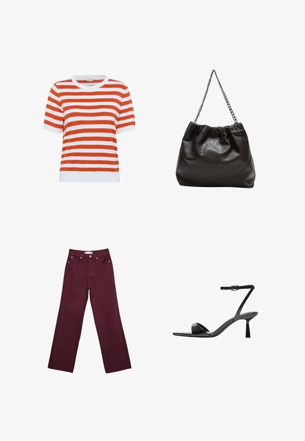 Striped short-sleeve knit top in orange and white; round neck; soft texture; straight cut; finished with a solid white ribbed hem.; Burgundy high-waisted jeans with straight leg design, featuring front pockets, a button closure, and copper-tone hardware accents.; Bershka High heeled sandals - black; Brown leather bag with a gathered top and a chain strap. Smooth texture with a glossy finish and subtle seam detailing on the sides.