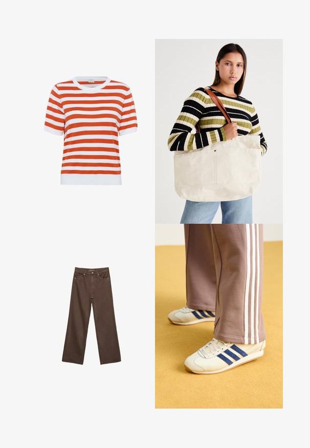 Pruhované triko s krátkým rukávem v oranžové a bílé barvě; kulatý výstřih; měkká textura; rovný střih; zakončeno pevným bílým ribovým lemem.; Hnědé džíny s širokými nohavicemi vyrobené z denimu, s vysokým pasem, předními kapsami a klasickým zapínáním na knoflík. Hladká textura s jemným švem.; Krémové tenisky s modrými semišovými pruhy, bílými tkaničkami a gumovou podrážkou. Spárovány se šedými tepláky s bílými bočními pruhy.; Velká béžová plátěná taška s hnědými koženými rukojeťmi, s minimalistickým designem a viditelnými švy.